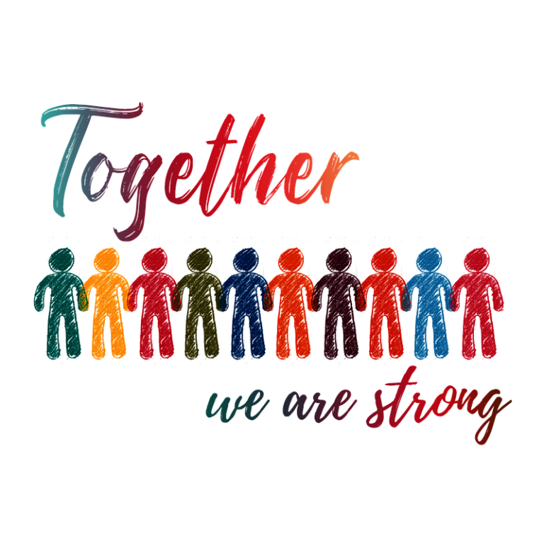 Bild mit Schriftzug "Together we are strong" (Zusammen sind wir stark) und piktogramm Zeichnung Menschen bunt, pixabay